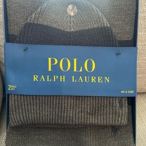 Polo Ralph Lauren Pony Logo Wool Blend Hat Beanie & Scarf Bundle Navy And Gray